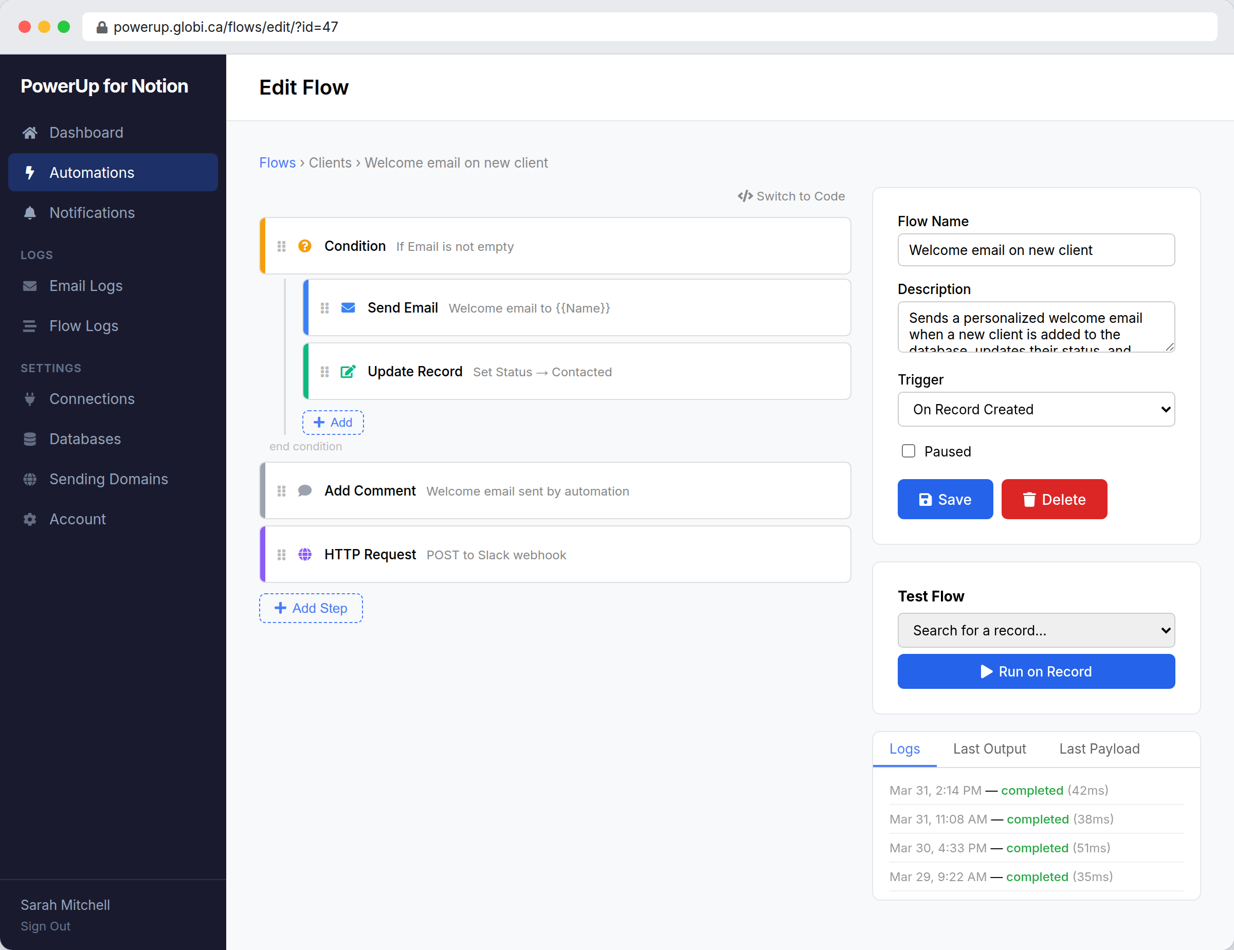 PowerUp visual automation builder showing a welcome email workflow with conditions, email sending, and record updates