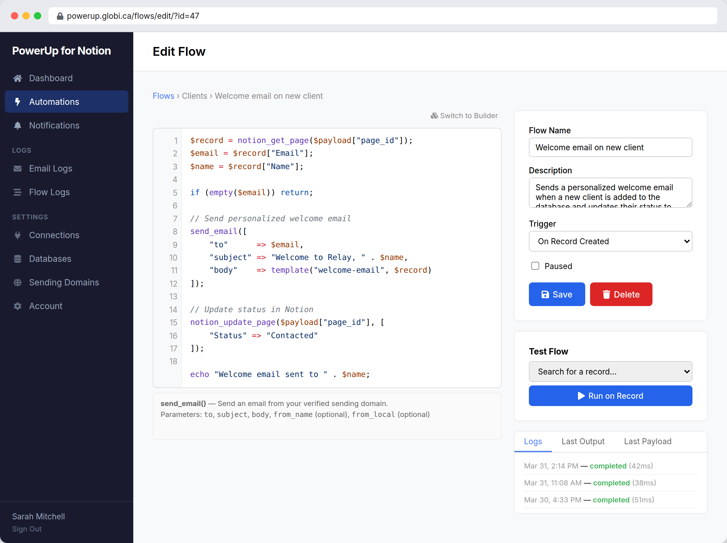 PowerUp code editor with PHPScript showing syntax highlighting, line numbers, and help panel
