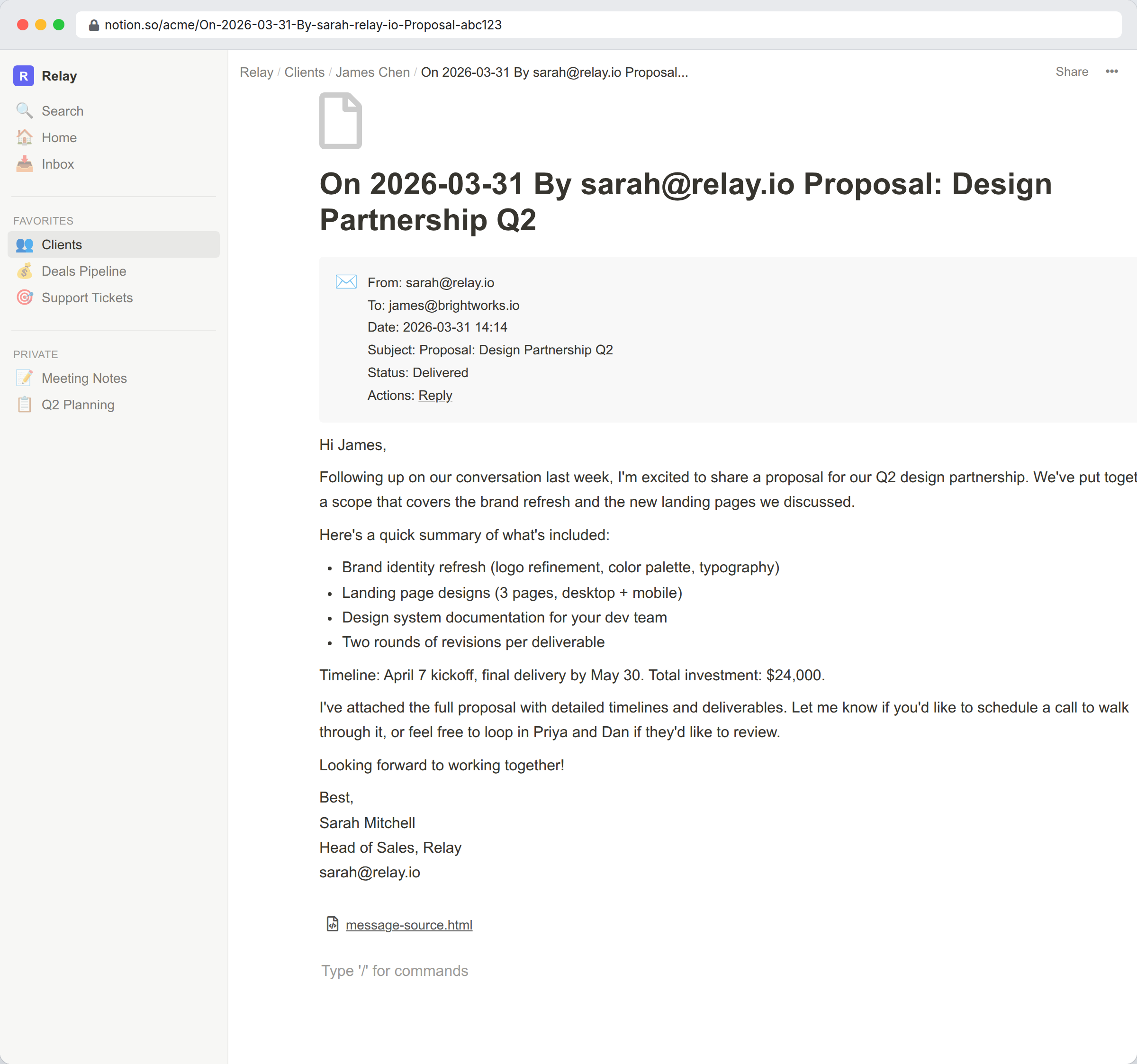 Individual email page in Notion showing From, To, Subject, Status, and full email body content