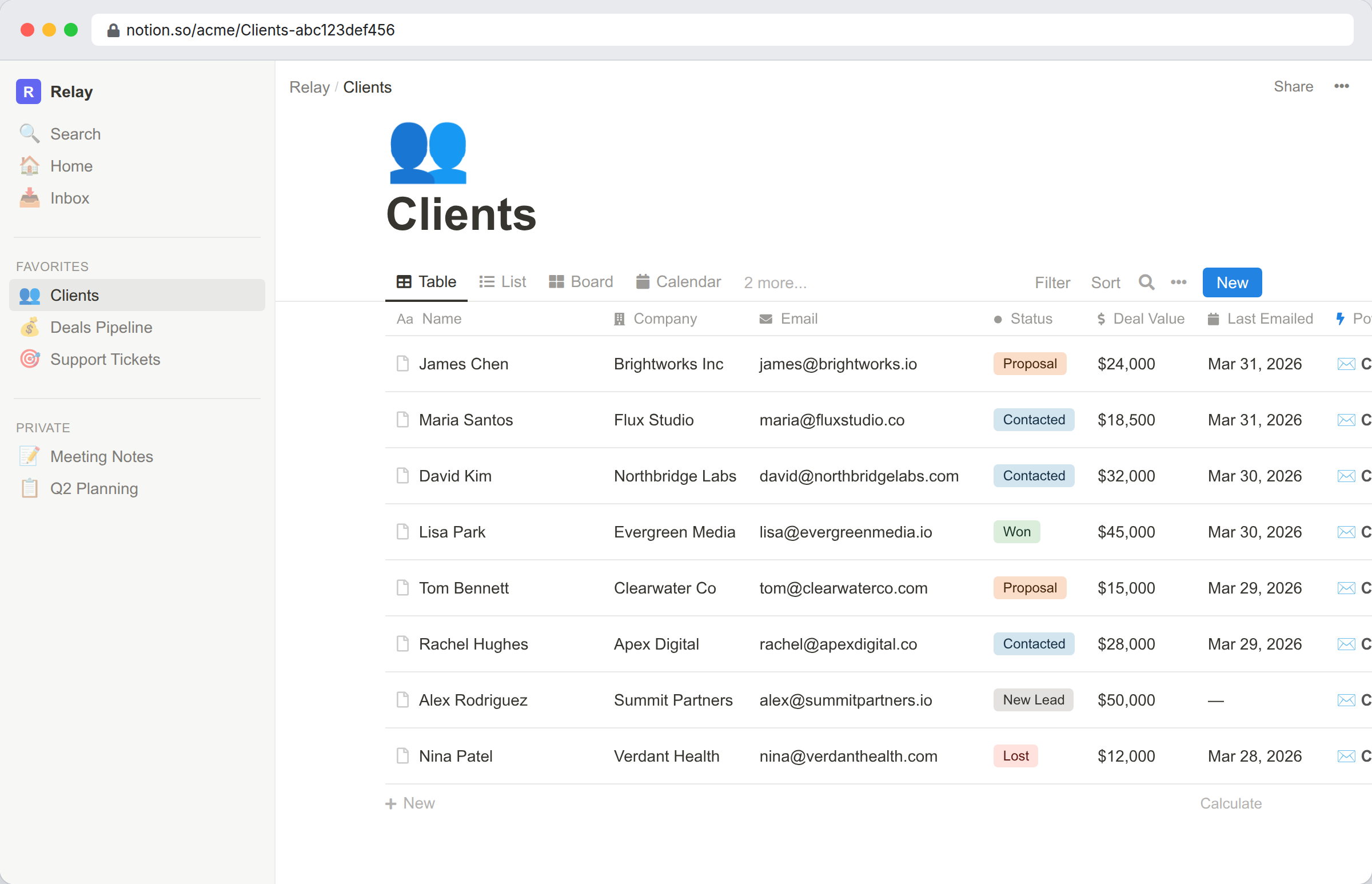 Notion database table showing contacts with PowerUp email buttons on each row