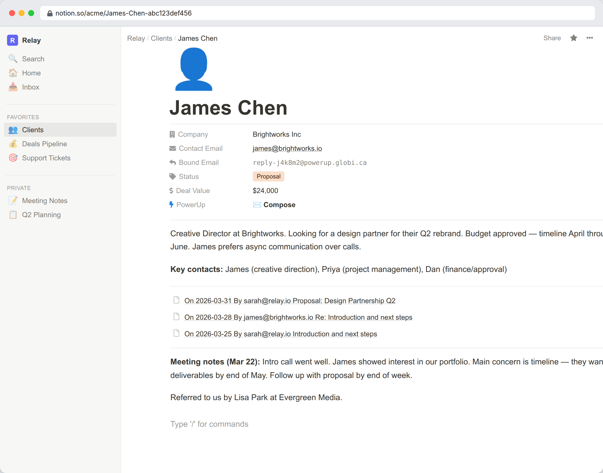 Notion record page showing email conversation history as sub-pages with subjects, dates, and previews